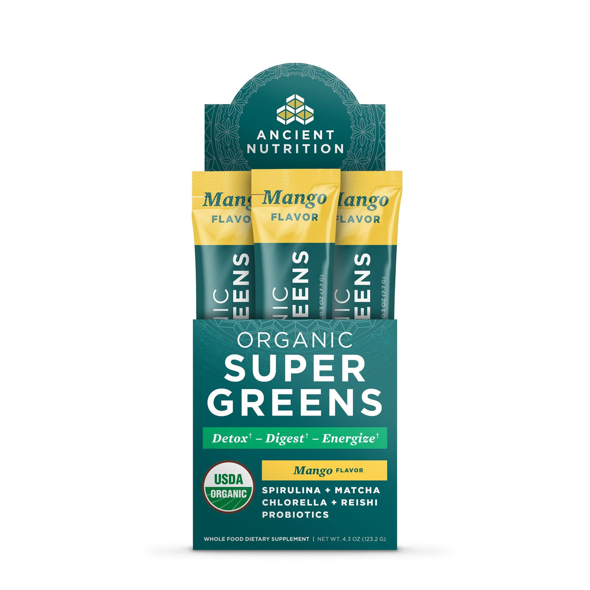 ANCIENT NUTRITION ORGANIC SUPER GREENS MANGO FLAVOR 16 COUNT